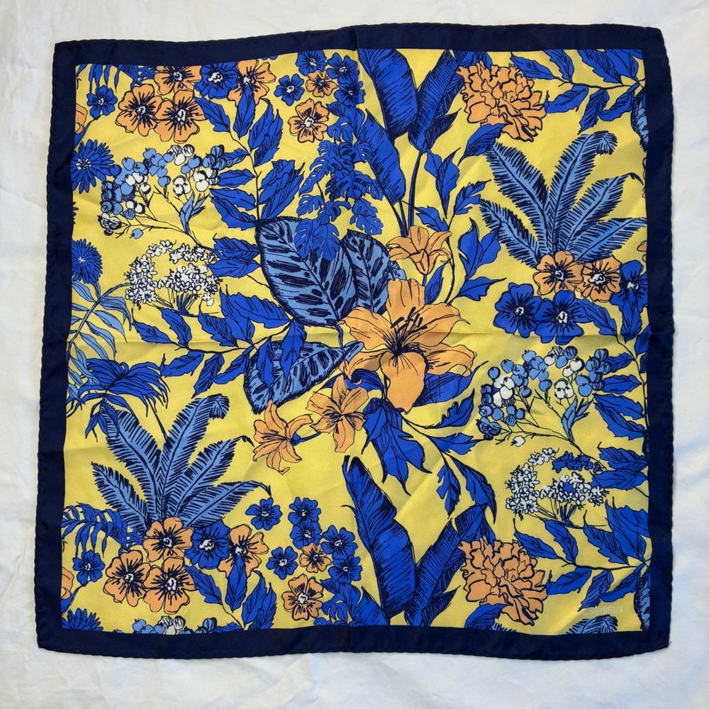 Cremieux Silk Pocket Square Yellow Blue Orange Tropical Floral Print NWT